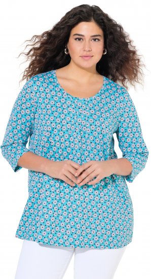 Ulla Popken Flower Print 3/4 Sleeve A-Line Tee Deep Aqua - Trykket T-skjorter for dame - 