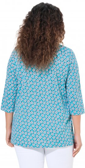 Ulla Popken Flower Print 3/4 Sleeve A-Line Tee Deep Aqua - Trykket T-skjorter for dame - 