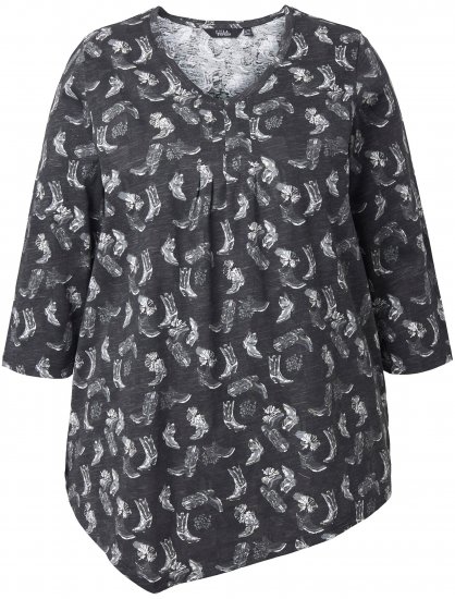 Ulla Popken Asymmetric Cowboy Boot Print Tee Black - Trykket T-skjorter for dame - 