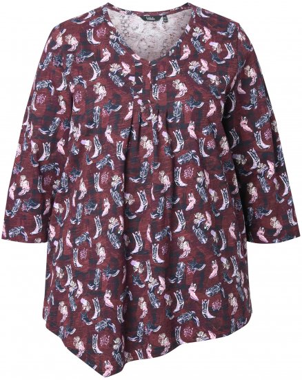 Ulla Popken Asymmetric Cowboy Boot Print Tee Dark Ruby - Trykket T-skjorter for dame - 
