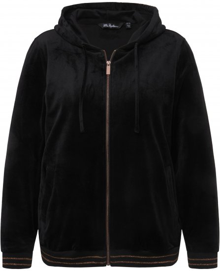 Ulla Popken Tulip Line Print Velour Zip Hoodie Black - Hettegensere og collegegensere - Myke gensere, hettegensere og strikk