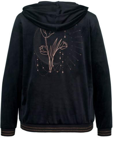 Ulla Popken Tulip Line Print Velour Zip Hoodie Black - Hettegensere og collegegensere - Myke gensere, hettegensere og strikk