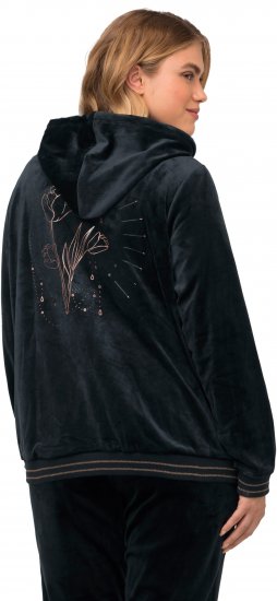 Ulla Popken Tulip Line Print Velour Zip Hoodie Black - Hettegensere og collegegensere - Myke gensere, hettegensere og strikk