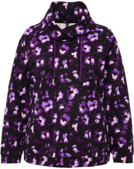 Ulla Popken Floral Print Drawstring Collar Hoodie Black - Hettegensere og collegegensere - Myke gensere, hettegensere og strikk