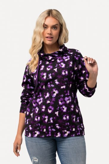 Ulla Popken Floral Print Drawstring Collar Hoodie Black - Hettegensere og collegegensere - Myke gensere, hettegensere og strikk