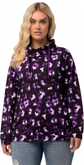 Ulla Popken Floral Print Drawstring Collar Hoodie Black - Hettegensere og collegegensere - Myke gensere, hettegensere og strikk