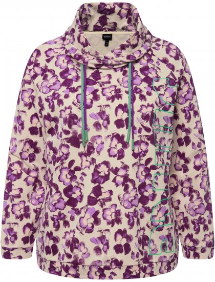 Ulla Popken Floral Print Drawstring Collar Hoodie Vanilla - Hettegensere og collegegensere - Myke gensere, hettegensere og strikk