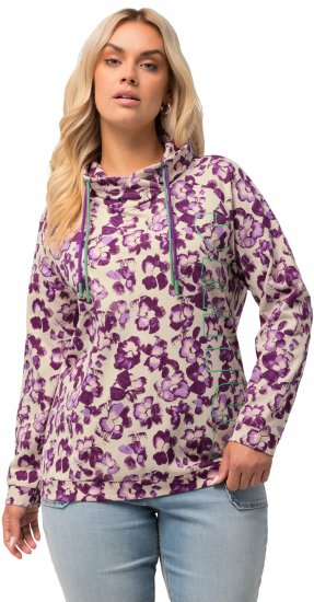 Ulla Popken Floral Print Drawstring Collar Hoodie Vanilla - Hettegensere og collegegensere - Myke gensere, hettegensere og strikk