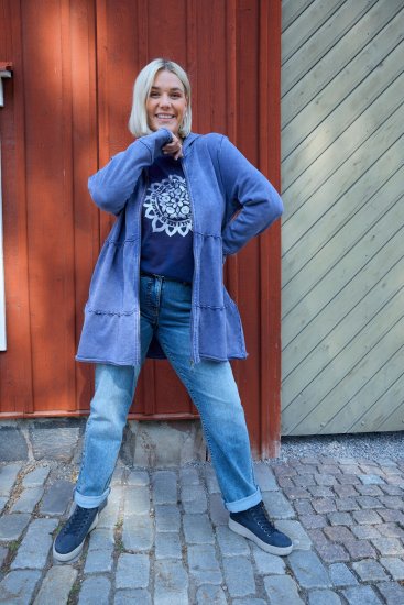 Ulla Popken Tiered Flounce Panel Zip Up Hoodie Atlantic Blue - Hettegensere og collegegensere - Myke gensere, hettegensere og strikk