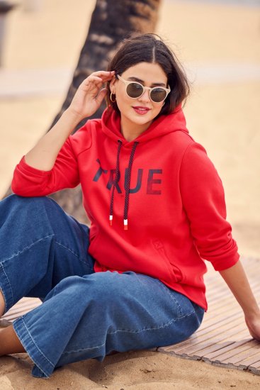 Ulla Popken TRUE Lettering Hoodie Neon Red - Hettegensere og collegegensere - 