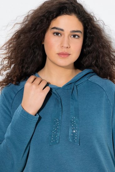 Ulla Popken Rhinestone Drawstring Moon Wash Hoodie Teal - Hettegensere og collegegensere - Myke gensere, hettegensere og strikk