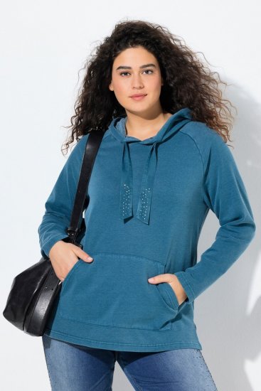 Ulla Popken Rhinestone Drawstring Moon Wash Hoodie Teal - Hettegensere og collegegensere - Myke gensere, hettegensere og strikk