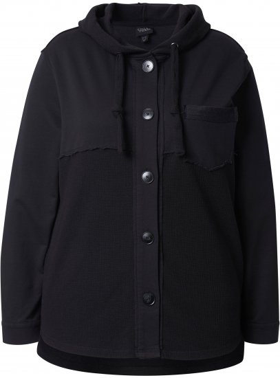 Ulla Popken Mixed Texture Button Down Hoodie Black - Hettegensere og collegegensere - Myke gensere, hettegensere og strikk