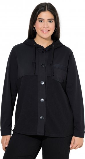Ulla Popken Mixed Texture Button Down Hoodie Black - Hettegensere og collegegensere - Myke gensere, hettegensere og strikk