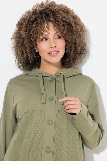 Ulla Popken Mixed Texture Button Down Hoodie Pond Green - Hettegensere og collegegensere - Myke gensere, hettegensere og strikk