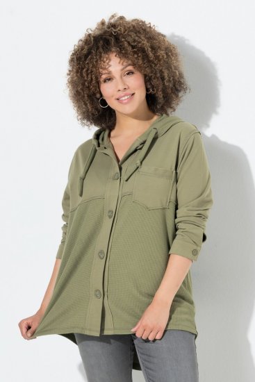 Ulla Popken Mixed Texture Button Down Hoodie Pond Green - Hettegensere og collegegensere - Myke gensere, hettegensere og strikk