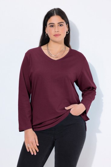 Ulla Popken Back To Basics V-Neck Relaxed Fit Cotton Tee Dark Berry - T-skjorter - T-skjorter for damer
