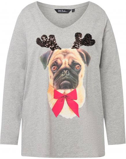 Ulla Popken Holiday Pup Sequin Accent A-line Fit Tee Light Grey Melange - Trykket T-skjorter for dame - 