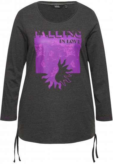 Ulla Popken Tie Hem Long Sleeve Graphic Tee Charcoal Grey Melange - Trykket T-skjorter for dame - 
