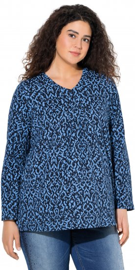 Ulla Popken Geometric Print 3/4 Sleeve Pleated Tee Navy Blue - Trykket T-skjorter for dame - 