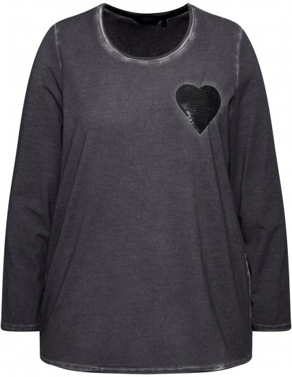 Ulla Popken Cold Dyed Sequined Heart Long Sleeve Tee Asphalt - Trykket T-skjorter for dame - 