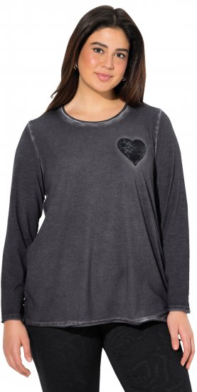 Ulla Popken Cold Dyed Sequined Heart Long Sleeve Tee Asphalt - Trykket T-skjorter for dame - 