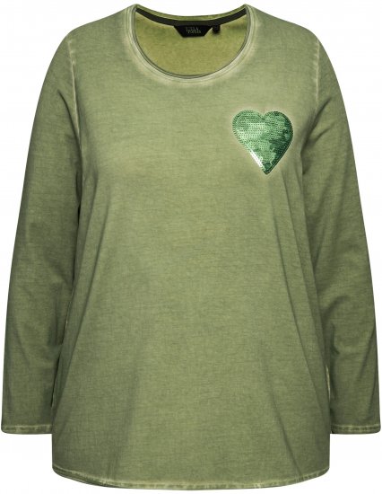 Ulla Popken Cold Dyed Sequined Heart Long Sleeve Tee Sage Green - Trykket T-skjorter for dame - 