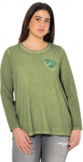 Ulla Popken Cold Dyed Sequined Heart Long Sleeve Tee Sage Green - Trykket T-skjorter for dame - 