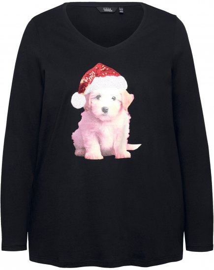 Ulla Popken Puppy Graphic Christmas Long Sleeve T-Shirt Black - T-skjorter - 