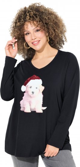 Ulla Popken Puppy Graphic Christmas Long Sleeve T-Shirt Black - T-skjorter - 