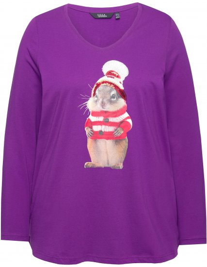Ulla Popken Christmas Squirrel Long Sleeve Graphic Tee Dark Purple - Trykket T-skjorter for dame - 