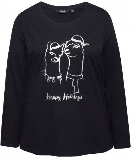 Ulla Popken Metallic Graphic Holiday Tee Black - Trykket T-skjorter for dame - 