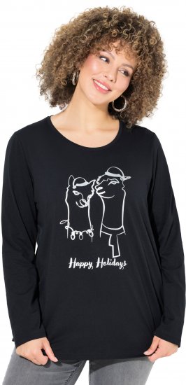 Ulla Popken Metallic Graphic Holiday Tee Black - Trykket T-skjorter for dame - 