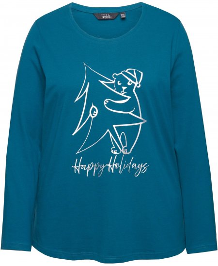 Ulla Popken Metallic Graphic Holiday Tee Teal - Trykket T-skjorter for dame - 
