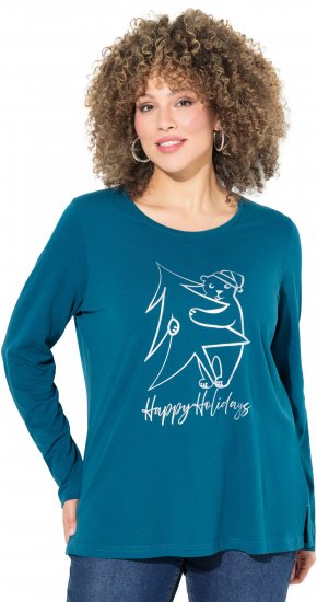 Ulla Popken Metallic Graphic Holiday Tee Teal - Trykket T-skjorter for dame - 