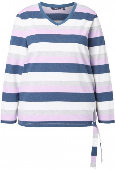 Ulla Popken Striped Knotted Hem Long Sleeve Tee Lavender - Trykket T-skjorter for dame - 
