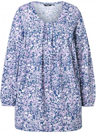 Ulla Popken Allover Printed Pleated Long Sleeve Tee Dark Blue - Trykket T-skjorter for dame - 
