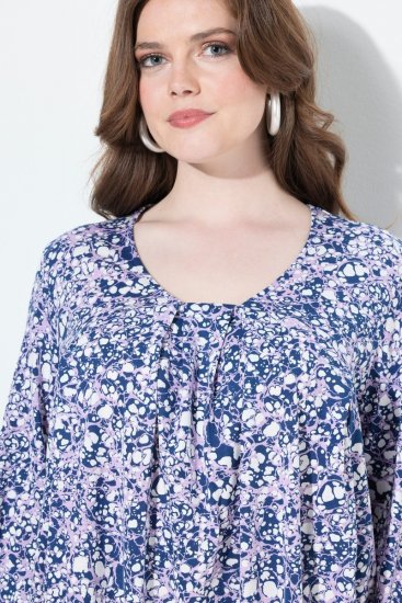 Ulla Popken Allover Printed Pleated Long Sleeve Tee Dark Blue - Trykket T-skjorter for dame - T-skjorter med trykk for dame