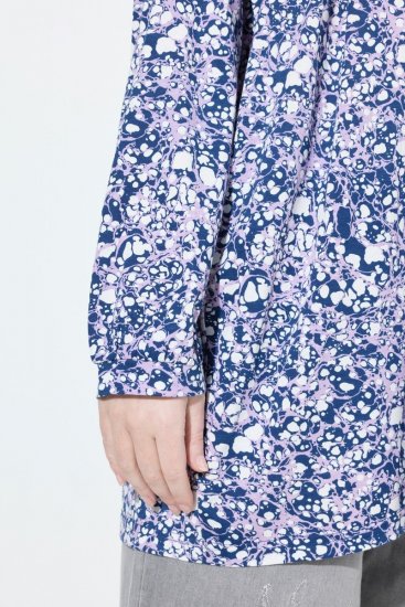 Ulla Popken Allover Printed Pleated Long Sleeve Tee Dark Blue - Trykket T-skjorter for dame - T-skjorter med trykk for dame