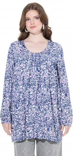 Ulla Popken Allover Printed Pleated Long Sleeve Tee Dark Blue - Trykket T-skjorter for dame - 