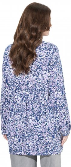 Ulla Popken Allover Printed Pleated Long Sleeve Tee Dark Blue - Trykket T-skjorter for dame - 