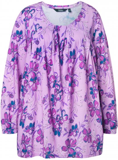 Ulla Popken Allover Printed Pleated Long Sleeve Tee Lavender - Trykket T-skjorter for dame - 