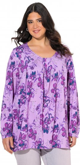 Ulla Popken Allover Printed Pleated Long Sleeve Tee Lavender - Trykket T-skjorter for dame - 