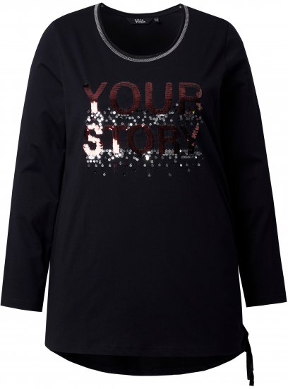 Ulla Popken Your Story Sequined Long Sleeve Tunic Tee Black - Trykket T-skjorter for dame - 