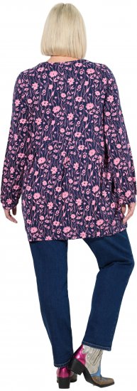 Ulla Popken Pleated Long Sleeve Floral Knit Tunic Ink Blue - Trykket T-skjorter for dame - 