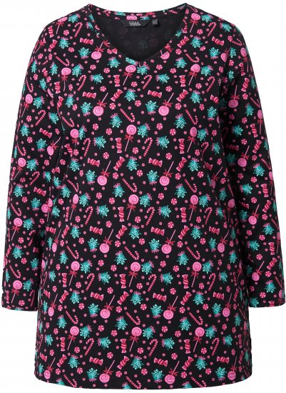 Ulla Popken Peppermint Tree V-Neck Holiday Cotton Long Sleeve Knit Tunic Black - Trykket T-skjorter for dame - 