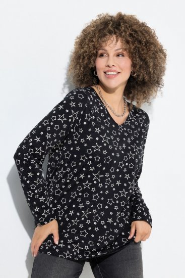 Ulla Popken Allover Printed Long Sleeve Tee Black - Trykket T-skjorter for dame - T-skjorter med trykk for dame