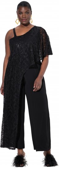Ulla Popken Asymmetric Lace Panel Jumpsuit Black - Jeans & Bukser i Store Størrelser – Plus Size - Jeans og bukser, EU 42-70