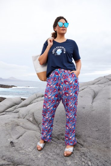 Ulla Popken Seashell Print Elastic Waist Pants Blue - Jeans & Bukser i Store Størrelser – Plus Size - Jeans og bukser, EU 42-70