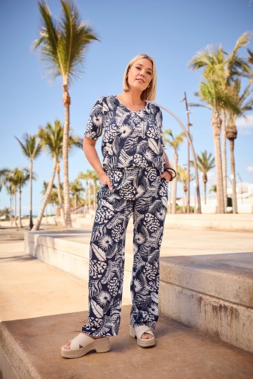 Ulla Popken Feather Print Elastic Waist Pants Blue - Jeans & Bukser i Store Størrelser – Plus Size - Jeans og bukser, EU 42-70